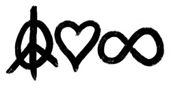 Peace Love Infinity logo consisting of the symbols for those concepts.